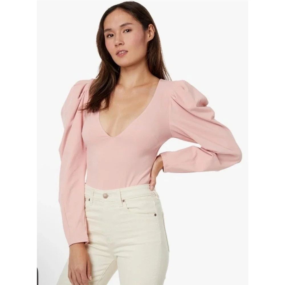 New Free People Intimately Pale Pink Bodysuit Puff Long Sleeve Deep V Size S NWT